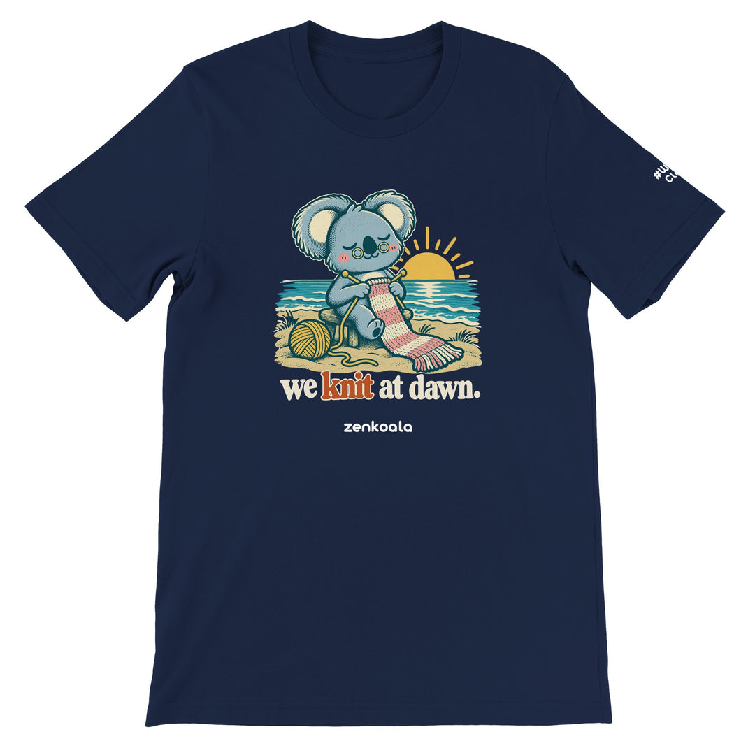 We Knit at Dawn feel-good tee in navy, Zen Koala Australia