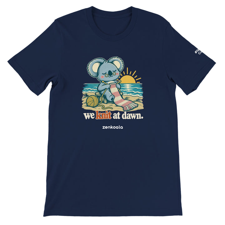 We Knit at Dawn feel-good tee in navy, Zen Koala Australia