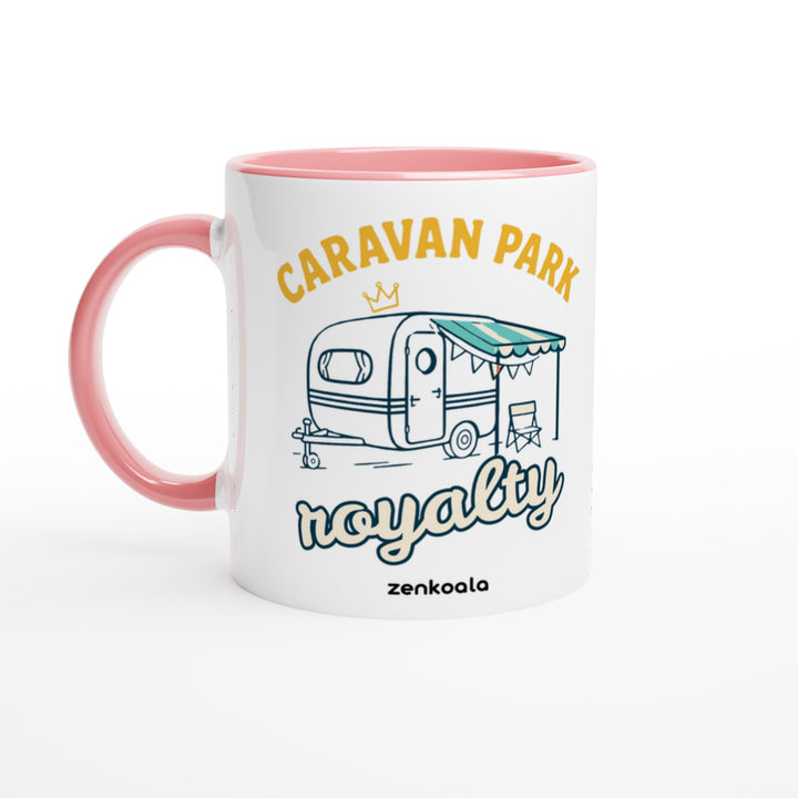 Caravan Park Royalty feel-good mug: a retro caravan with bunting and a camp chair, Zen Koala Australia