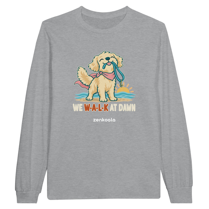 We Walk at Dawn feel-good long sleeve tee in sports grey, Zen Koala Australia