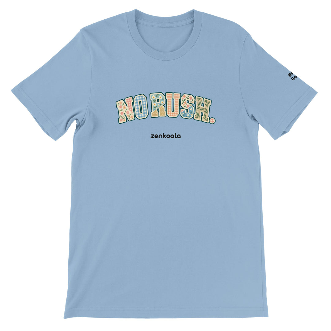 No Rush Faux Patchwork feel-good tee in light blue, Zen Koala Australia