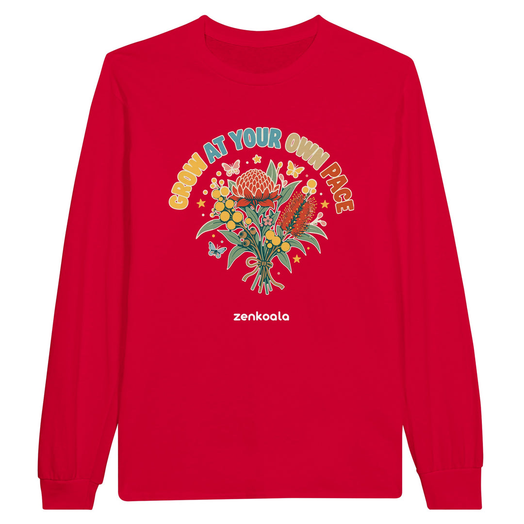 Grow at Your Own Pace feel-good long sleeve tee in red, Zen Koala Australia