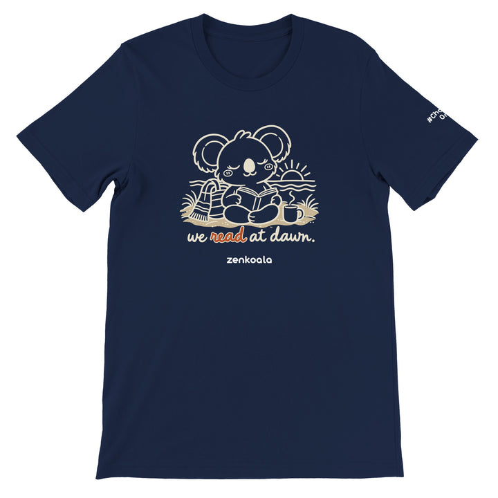 We Read at Dawn feel-good tee in navy, Zen Koala Australia