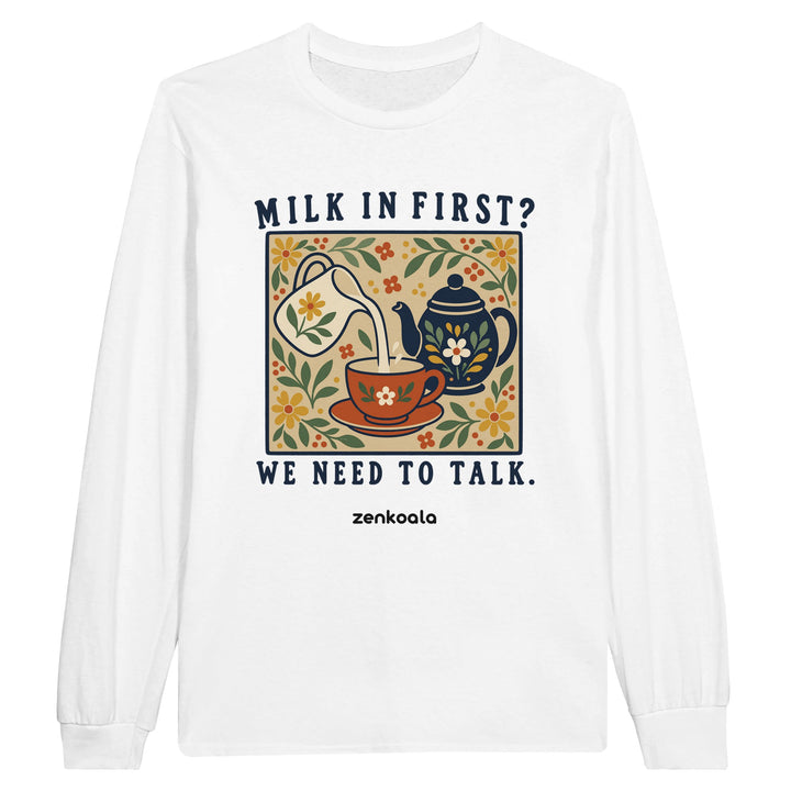 Milk in First feel-good long sleeve tee in white, Zen Koala Australia