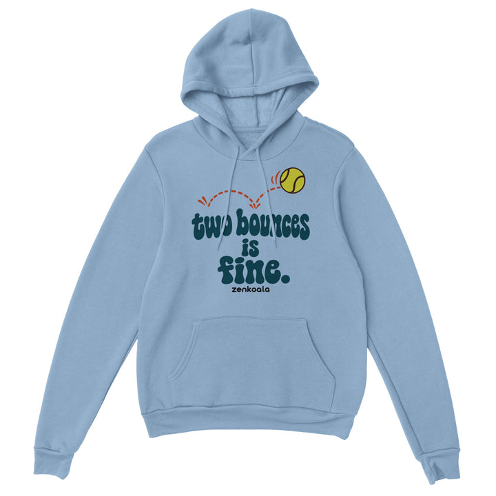 Two Bounces Is Fine feel-good hoodie in light blue: a bouncing tennis ball, Zen Koala Australia
