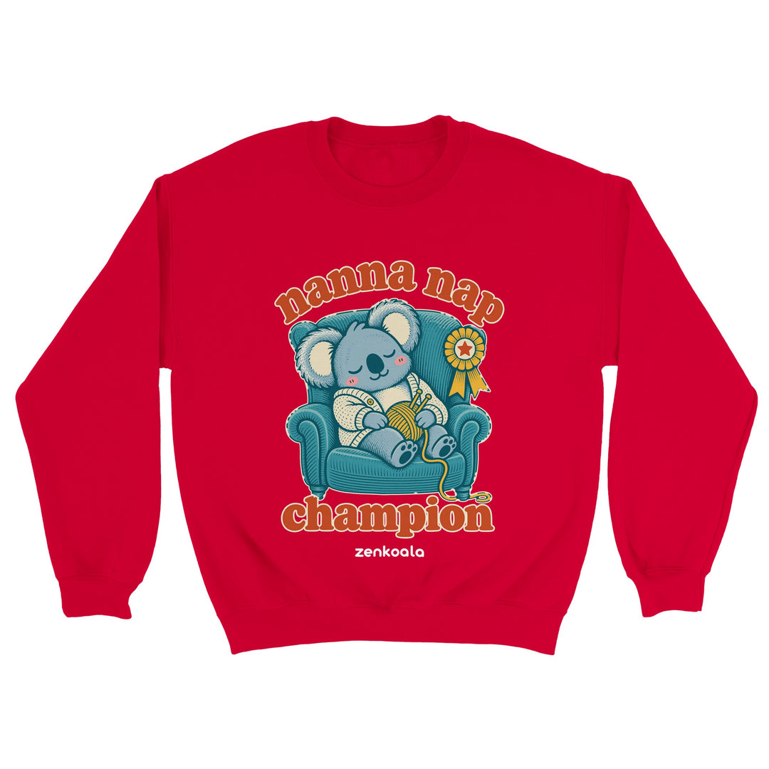Nanna Nap Champion feel-good sweatshirt in red, Zen Koala Australia