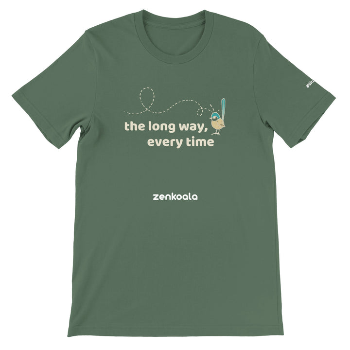 The Long Way Every Time feel-good tee in military green — Zen Koala Australia