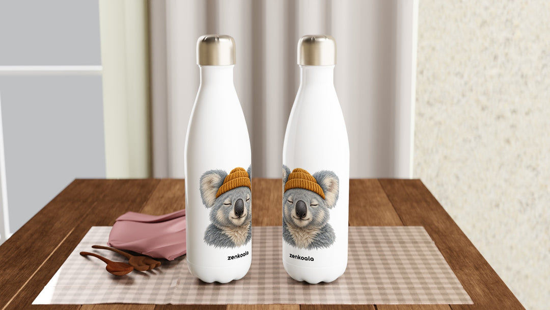 Two Koala Beanie water bottles on a table, Zen Koala Australia