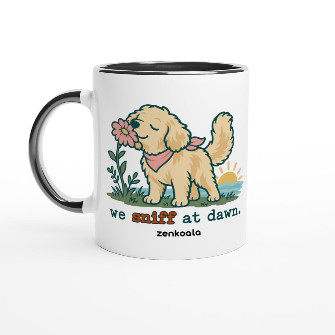 We Sniff at Dawn mug in black: white with a black rim, inside and handle, Zen Koala Australia