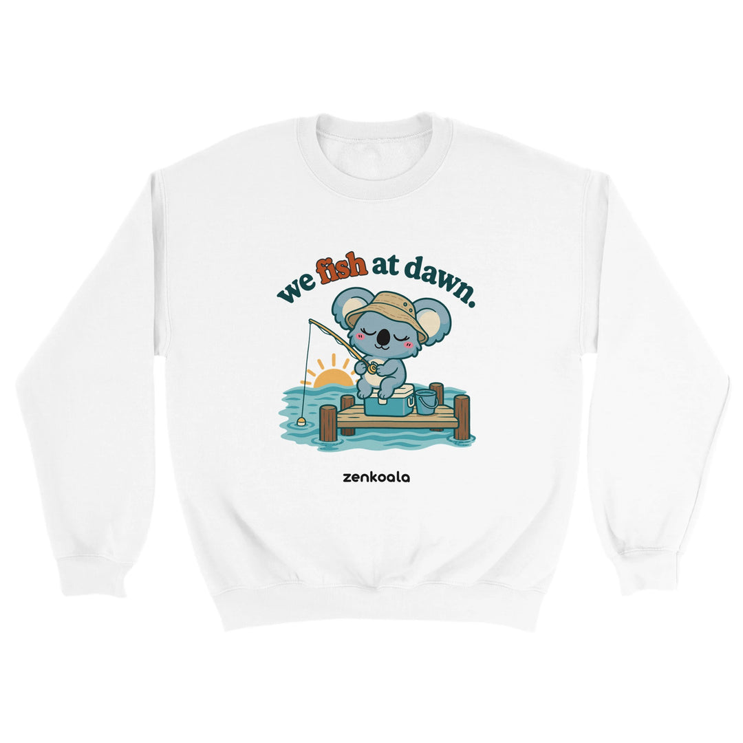 We Fish at Dawn feel-good sweatshirt in white, Zen Koala Australia