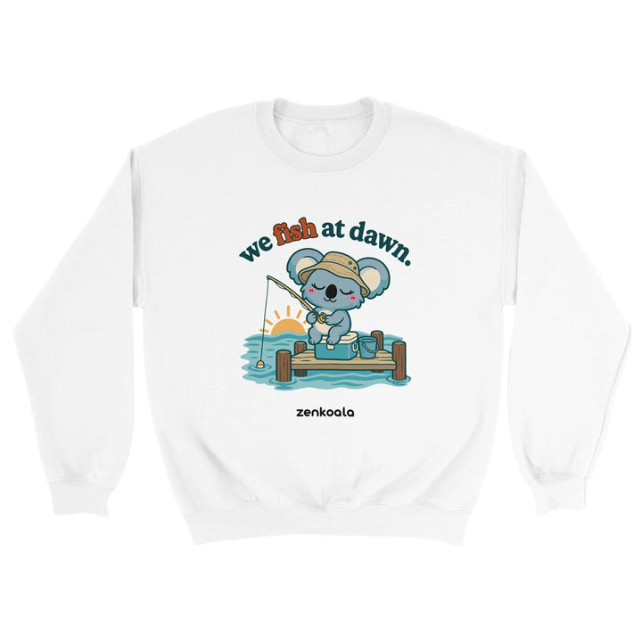 We Fish at Dawn feel-good sweatshirt in white, Zen Koala Australia