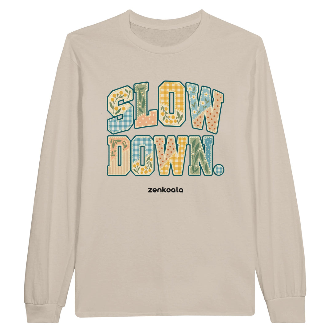 Slow Down Faux Patchwork feel-good long sleeve tee in sand, Zen Koala Australia