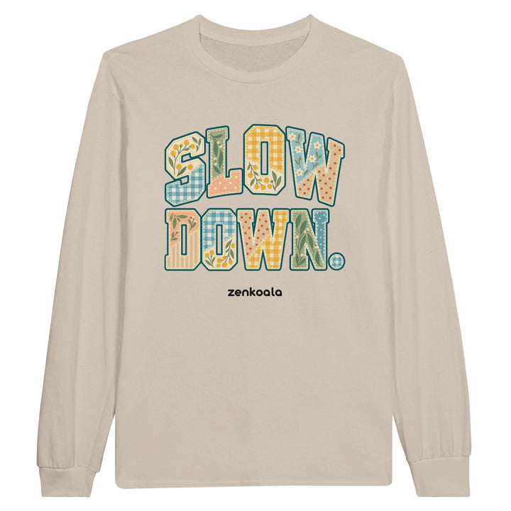 Slow Down Faux Patchwork feel-good long sleeve tee in sand, Zen Koala Australia