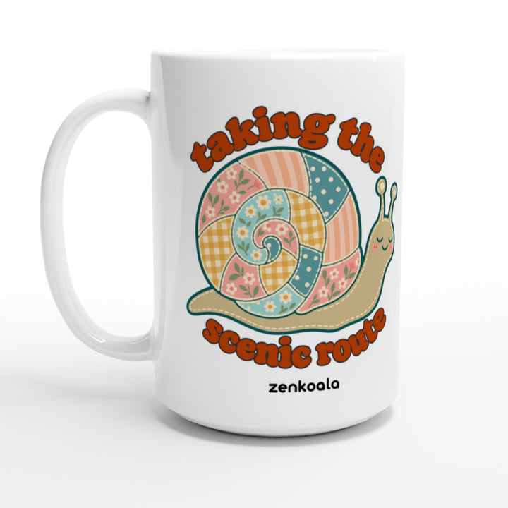 Taking the Scenic Route Snail feel-good 15oz mug: a faux patchwork snail, Zen Koala Australia