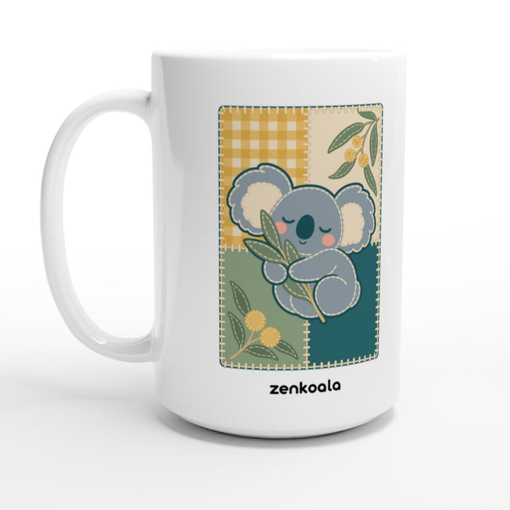 Koala Quilt feel-good 15oz mug: a sleeping koala on a quilt block, Zen Koala Australia