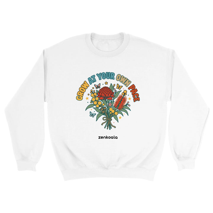 Grow at Your Own Pace feel-good sweatshirt in white: a bouquet of Aussie wildflowers, Zen Koala Australia