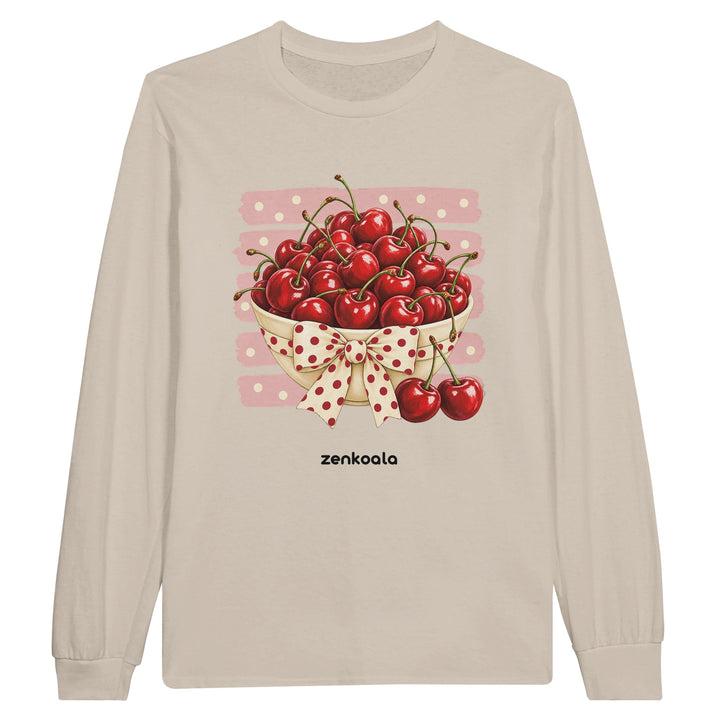 Cherries feel-good long sleeve tee in sand: a bowl of cherries with a bow, Zen Koala Australia