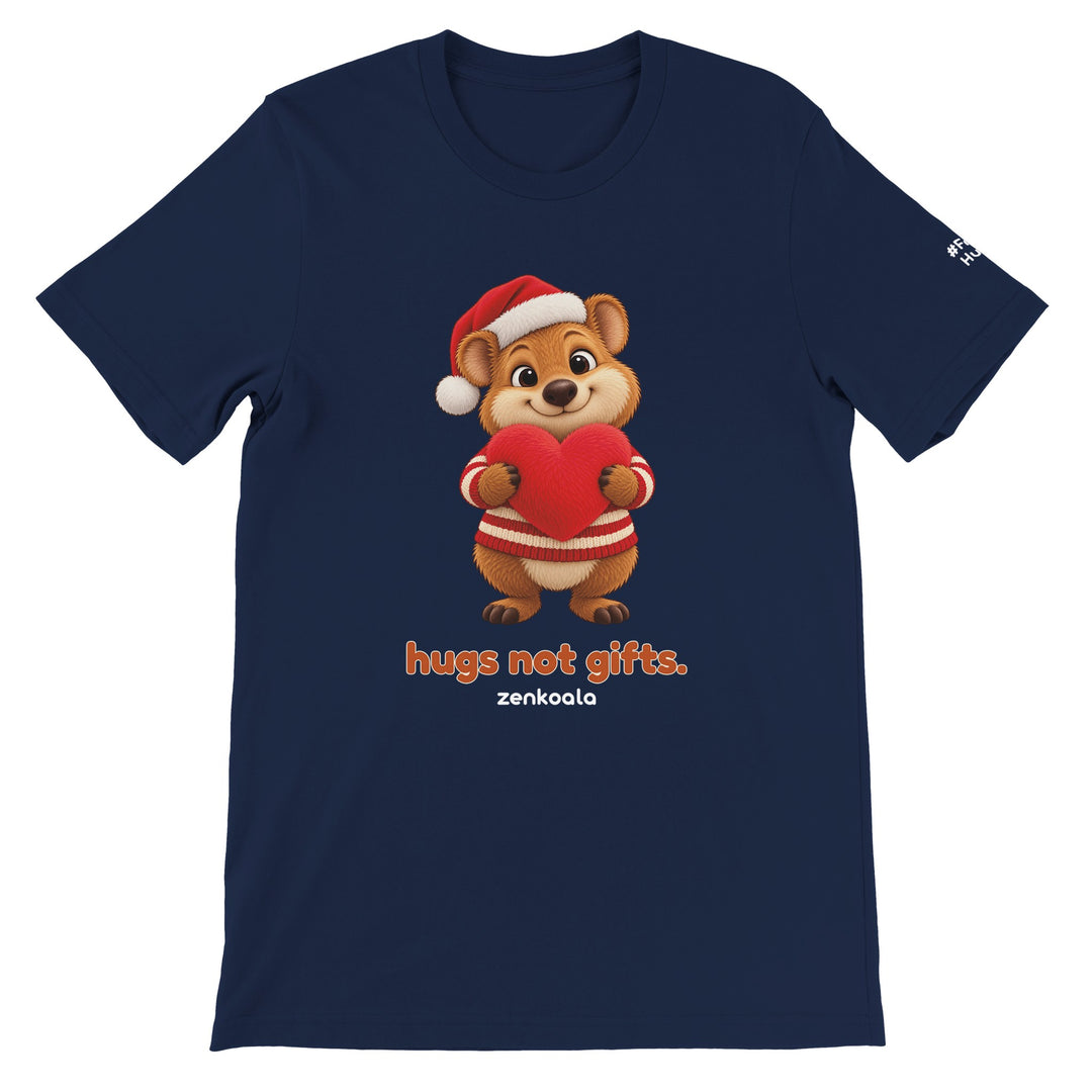 Hugs Not Gifts feel-good tee in navy, Zen Koala Australia