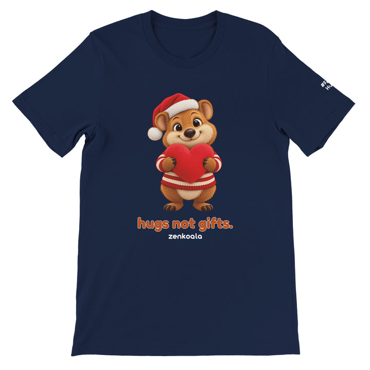 Hugs Not Gifts feel-good tee in navy, Zen Koala Australia