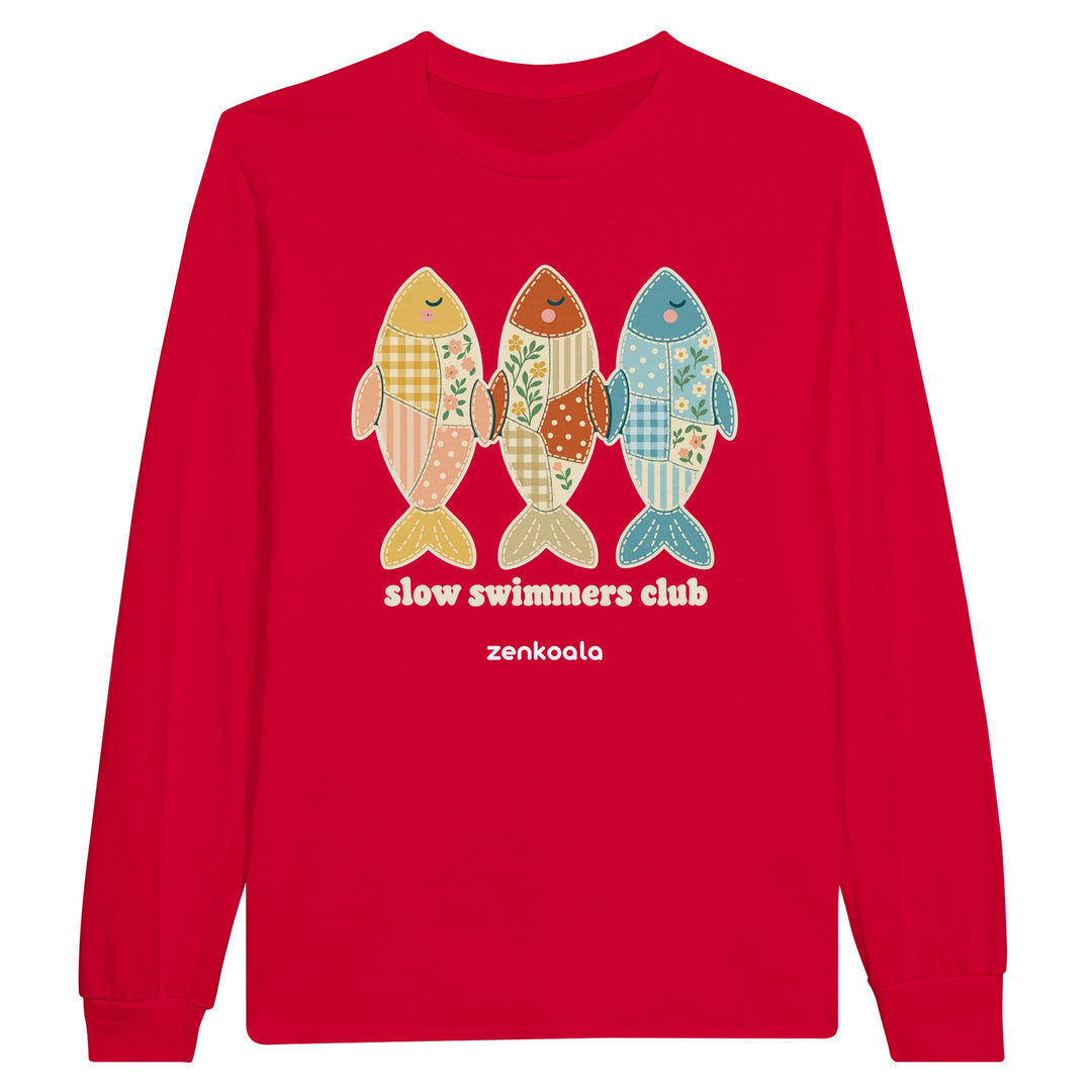 Slow Swimmers Club feel-good long sleeve tee in red, Zen Koala Australia
