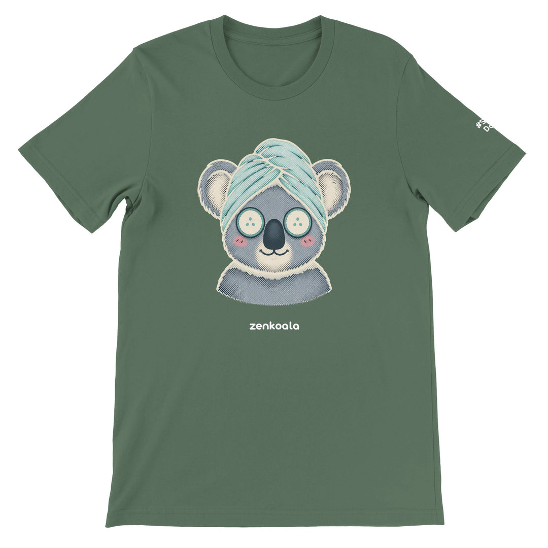 Koala Spa Day feel-good tee in military green, Zen Koala Australia