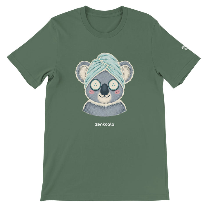 Koala Spa Day feel-good tee in military green, Zen Koala Australia