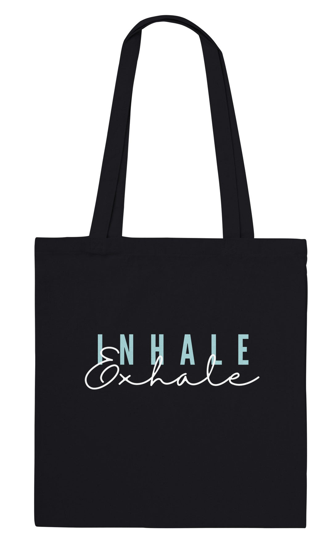 Exhale feel-good tote bag in black: inhale and exhale in two kinds of lettering, Zen Koala Australia