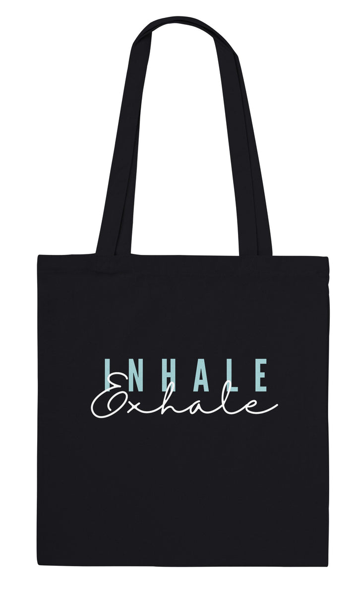 Exhale feel-good tote bag in black: inhale and exhale in two kinds of lettering, Zen Koala Australia