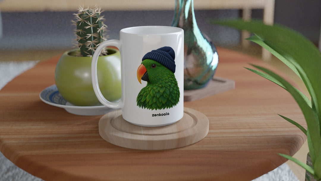 Parrot Beanie 15oz mug on a wooden table with a cactus, Zen Koala Australia