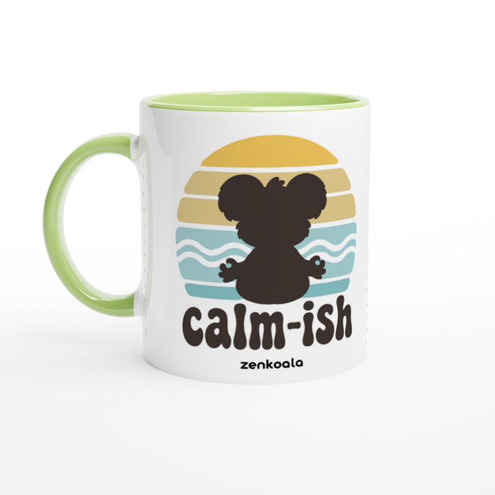 Calm-ish Retro Sunset Koala mug in green: white with a green rim, inside and handle, Zen Koala Australia