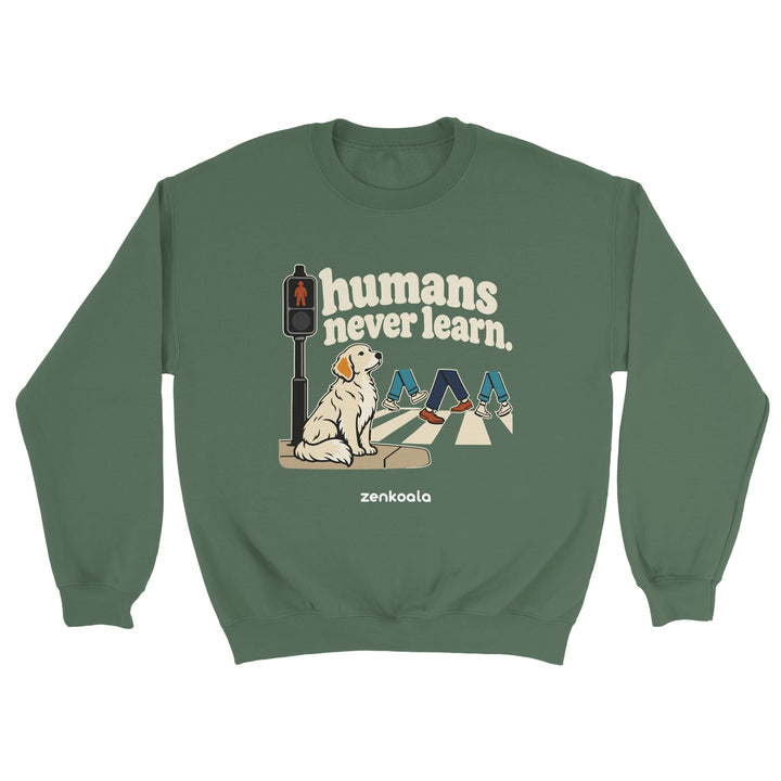Humans Never Learn feel-good sweatshirt in military green, Zen Koala Australia