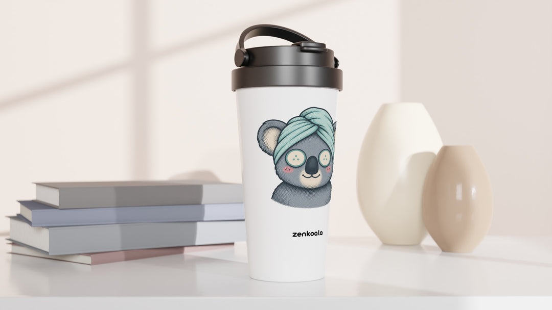Koala Spa Day travel mug beside books and vases, Zen Koala Australia