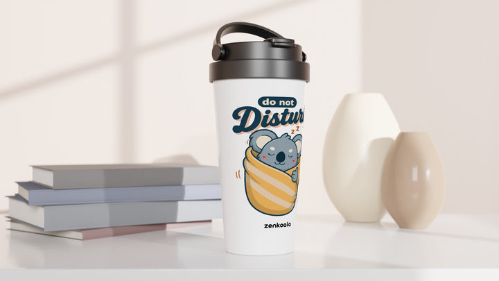 Do Not Disturb Koala travel mug beside books and vases, Zen Koala Australia