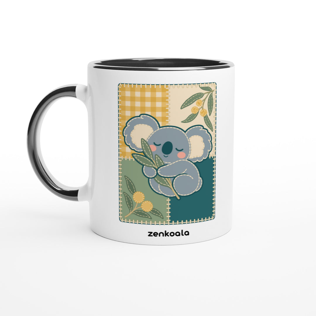 Koala Quilt mug in black: white with a black rim, inside and handle, Zen Koala Australia