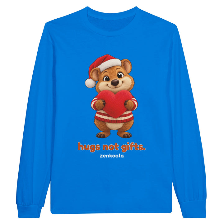 Hugs Not Gifts feel-good long sleeve tee in royal, Zen Koala Australia