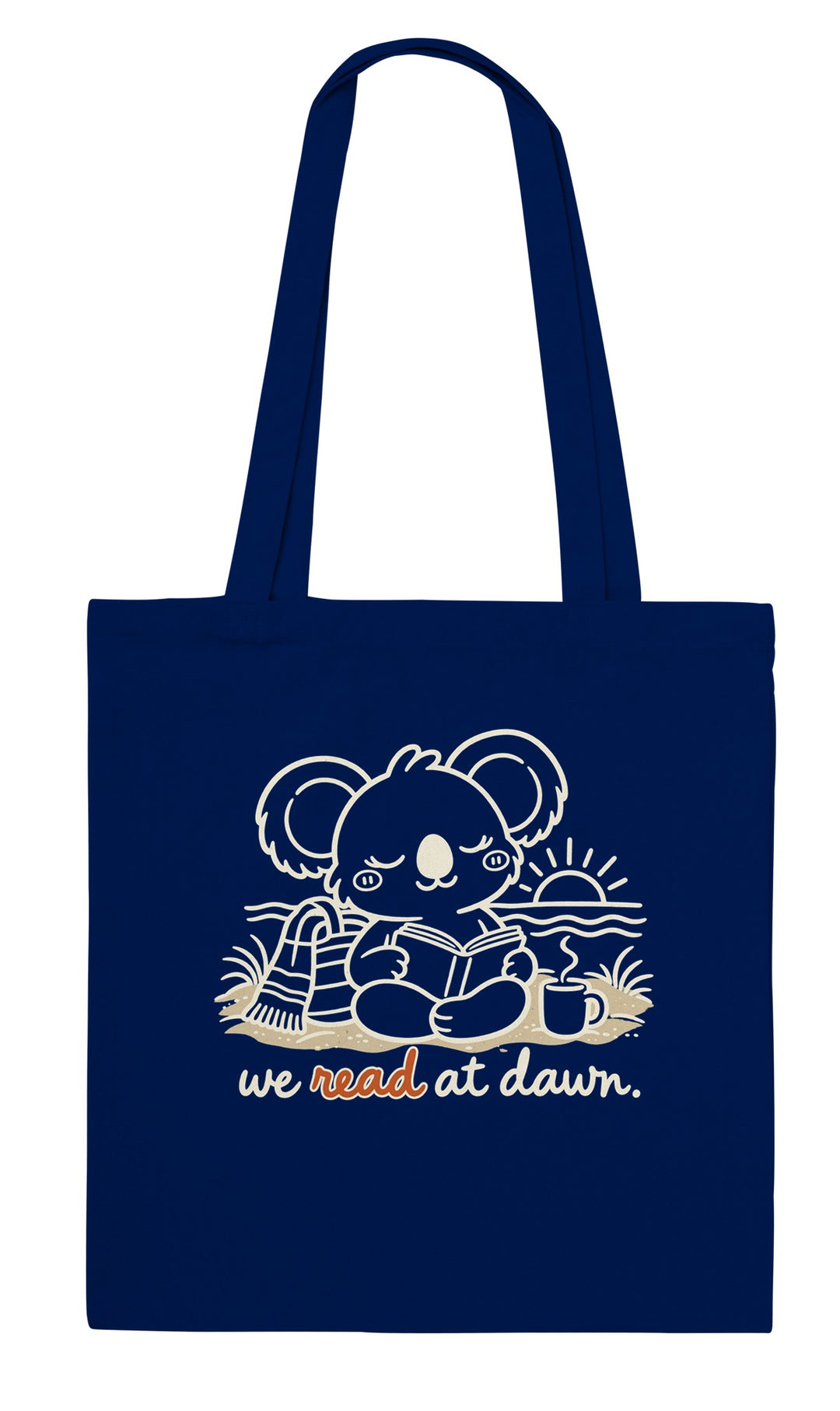We Read at Dawn feel-good tote bag in navy, Zen Koala Australia