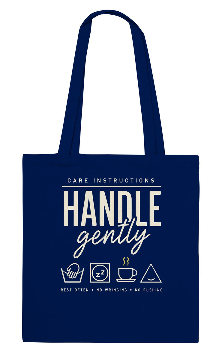 Handle Gently Care Instructions feel-good tote bag in navy, Zen Koala Australia