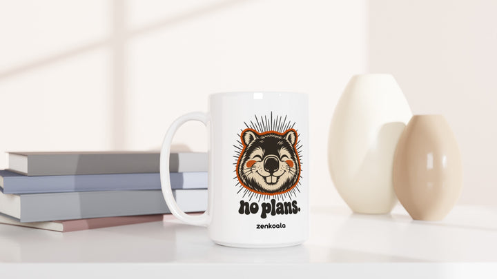 No Plans 15oz mug beside books and vases, Zen Koala Australia