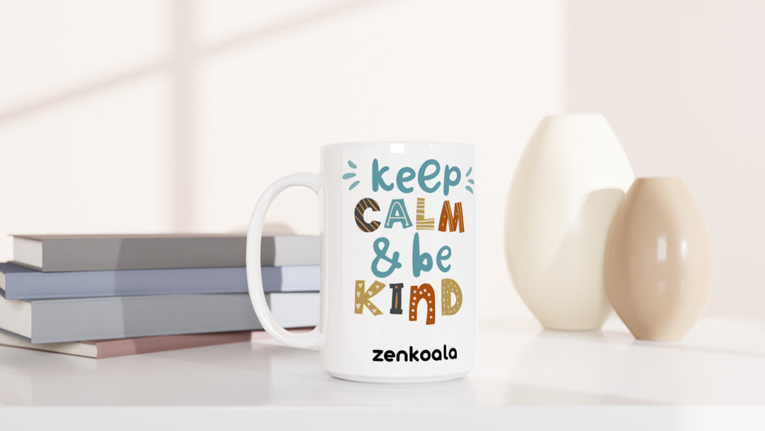 Keep Calm, Be Kind 15oz mug beside books and vases, Zen Koala Australia
