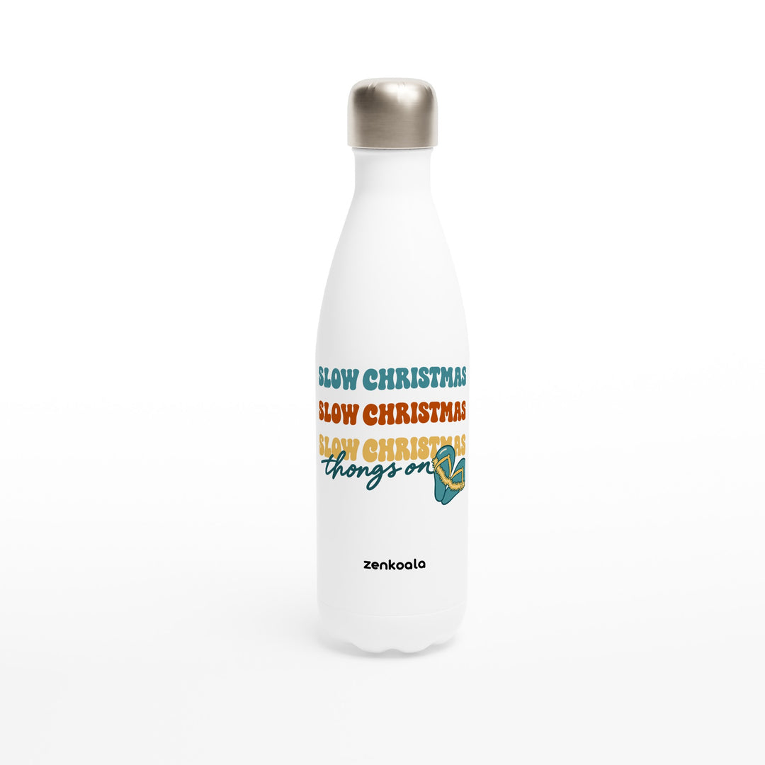 Slow Christmas Thongs On feel-good water bottle: retro Christmas lettering with a heart of thongs, Zen Koala Australia