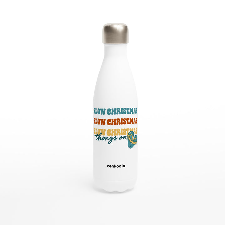 Slow Christmas Thongs On feel-good water bottle: retro Christmas lettering with a heart of thongs, Zen Koala Australia