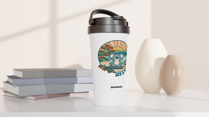 Sit a While travel mug beside books and vases, Zen Koala Australia