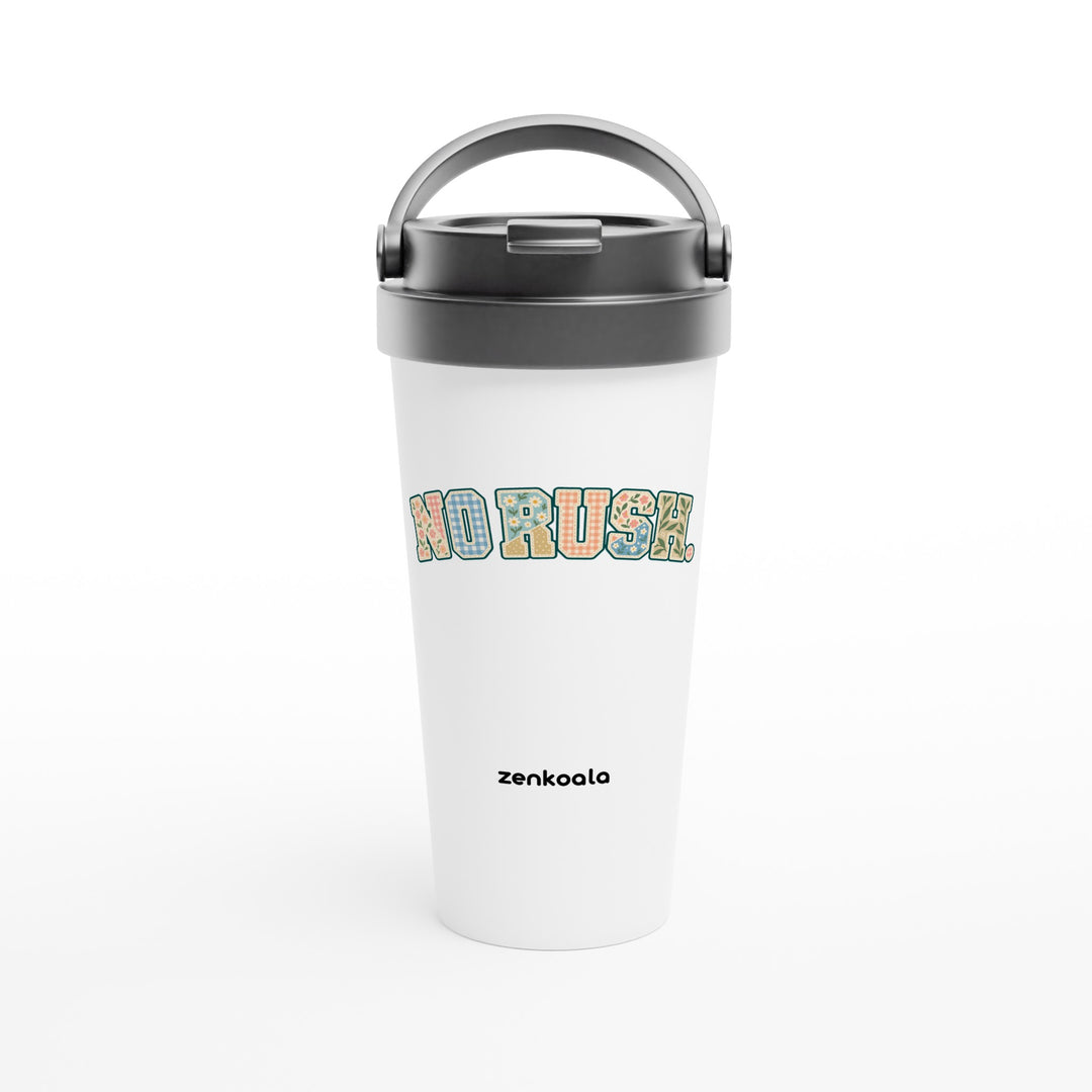 No Rush Faux Patchwork feel-good travel mug: soft faux patchwork letters with florals and gingham, Zen Koala Australia
