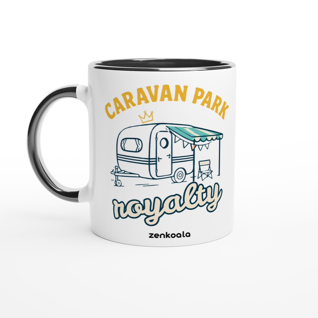 Caravan Park Royalty mug in black: white with a black rim, inside and handle, Zen Koala Australia