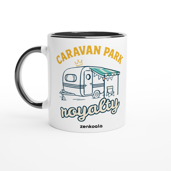 Caravan Park Royalty mug in black: white with a black rim, inside and handle, Zen Koala Australia