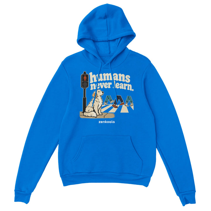 Humans Never Learn feel-good hoodie in royal, Zen Koala Australia