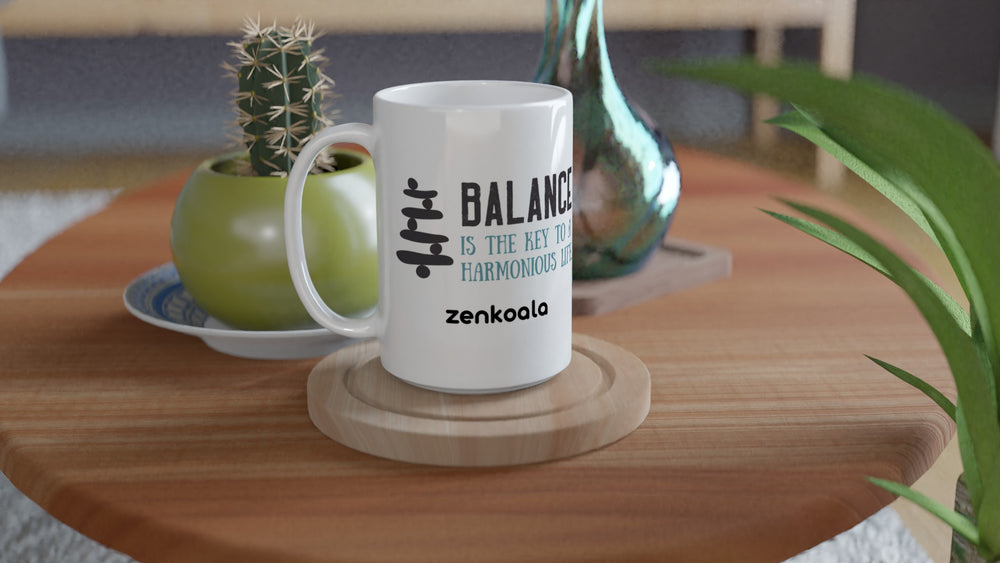 Balance 15oz mug on a wooden table with a cactus, Zen Koala Australia