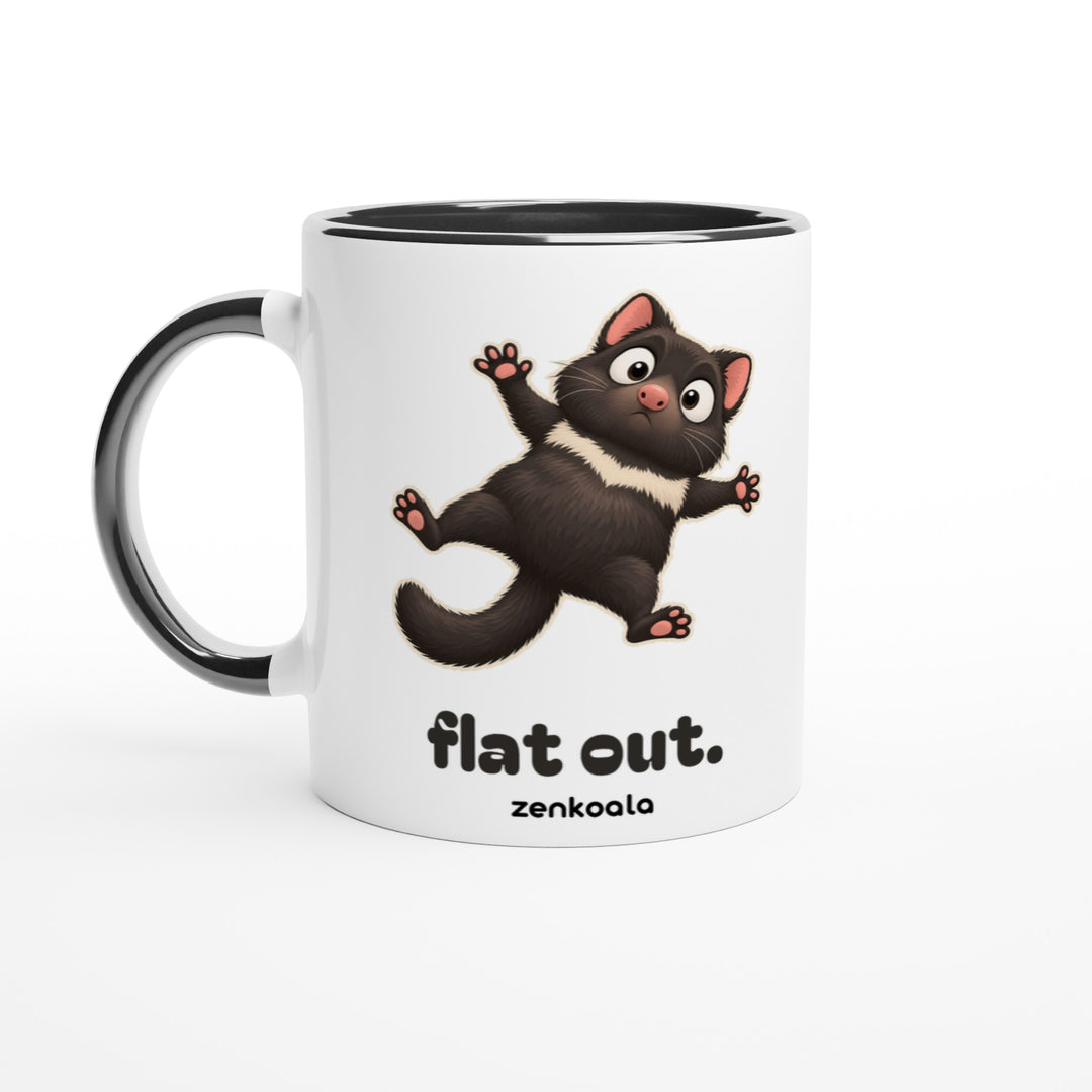 Flat Out feel-good mug: a Tasmanian devil sprawled flat, Zen Koala Australia