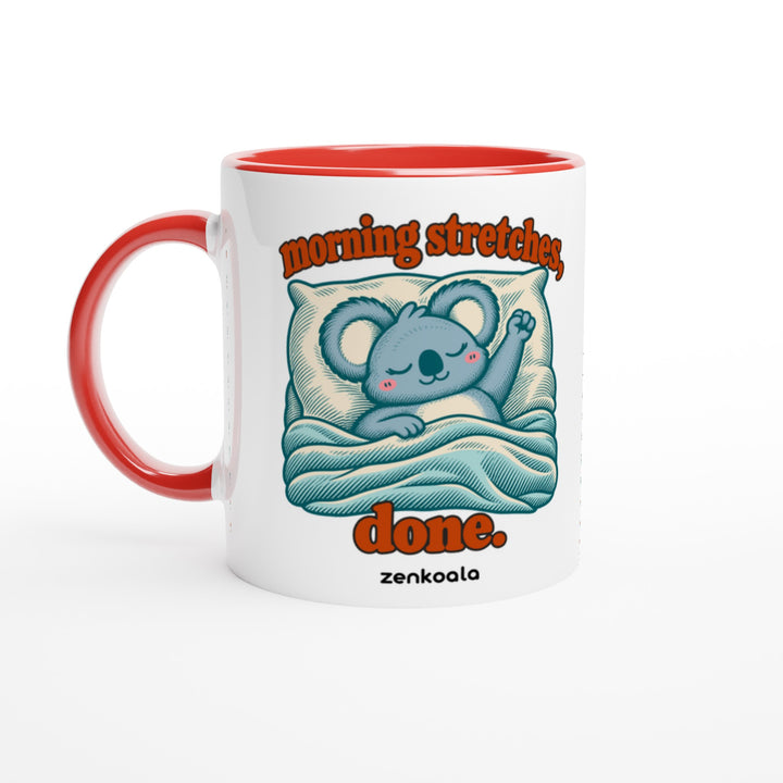 Morning Stretches Done mug in red: white with a red rim, inside and handle, Zen Koala Australia