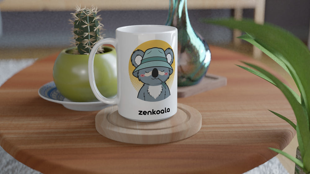 Koala Zinc and Bucket Hat 15oz mug on a wooden table with a cactus, Zen Koala Australia